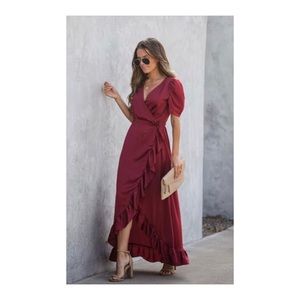 VICI Red Carpet Ruffle Wrap hi-lo Maxi dress